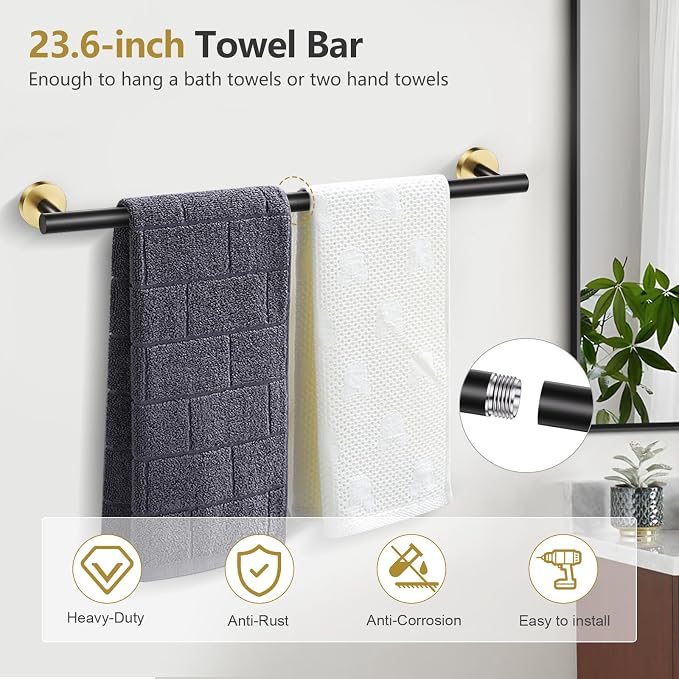 TQKAG Black and Gold 5 Piece Bathroom Hardware Accessories Set 23.6" SUS304 - Image 2