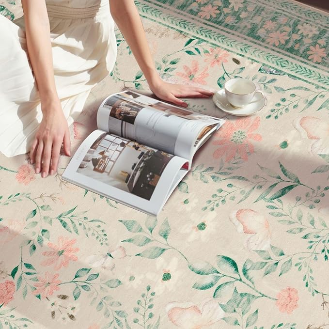 Green Floral Rug for Living Room Bedroom, 5x7 Washable Rug, Vintage Boho Area - Image 4