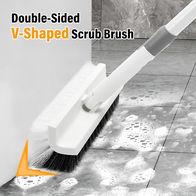 Floor Scrub Brush with Long Handle, Double-Sided V-Shaped Deck Brush, Grout - Image 2