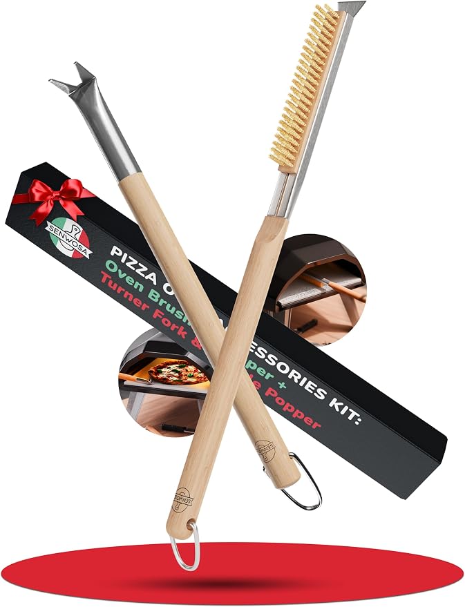 Pizza Oven & Stone Brush with Scraper, Turning Fork & Bubble Popper Bundle by Senwosa