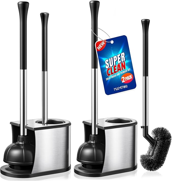 HAMITOR Toilet Plunger and Brush Set: 2 in 1 Stainless Steel Bowl Brush by HAMITOR