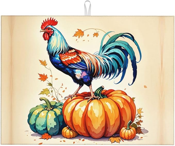 Rooster Pumpkin Dish Drying Mat Highly Absorbent Double-Sided Microfiber by Ovitssrk