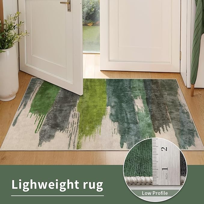 Ciicool Modern Abstract Area Rug 2x3 Washable Small Entryway Rugs, Green Non-Slip Low Pile Throw Entry Rug, Foldable Kitchen Bathroom Rugs Floor Carpet for Entrance Bedroom Indoor Doormat