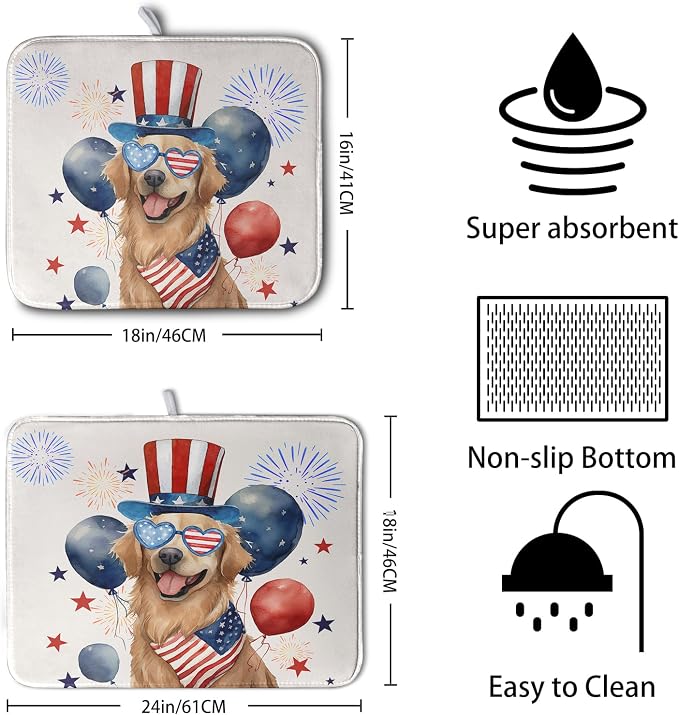 4th of July Patriotic Dog Dish Drying Mat 16 x 18 Inch US Independence Day Blue - Image 2