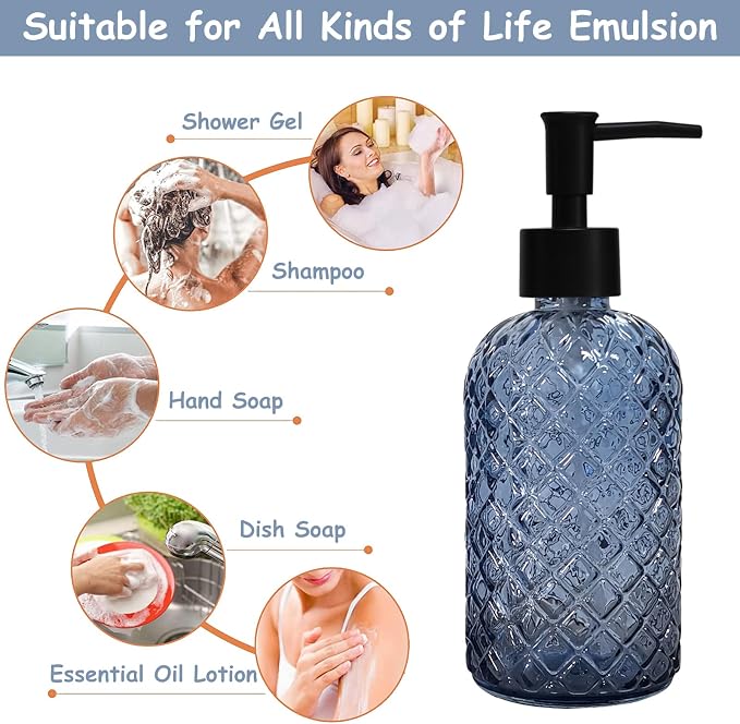 Blue Glass Dish Soap Dispenser for Kitchen, 12oz Refillable Liquid Hand Soap - Image 4