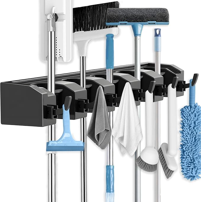 AceMining Broom Holder Wall Mounted, 5 Holders and 6 Hooks Mop Holder, ABS by AceMining