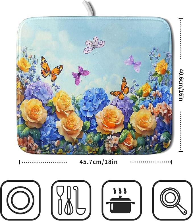 Spring Blue Yellow Hydrangeas Flowers Dish Drying Mat - Image 2