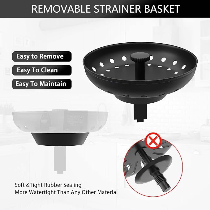 Black Sink Drain 3-1/2 Inch Matte Black Kitchen Sink Drain Strainer Assembly Kit - Image 8
