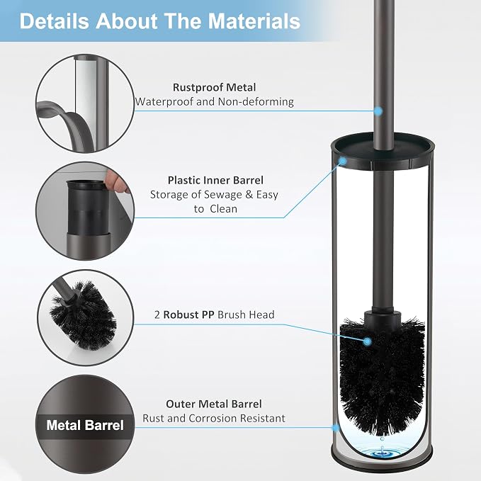 BGL Gunmetal Grey Toilet Brush and Holder, Stainless Steel Toilet Brushes - Image 6