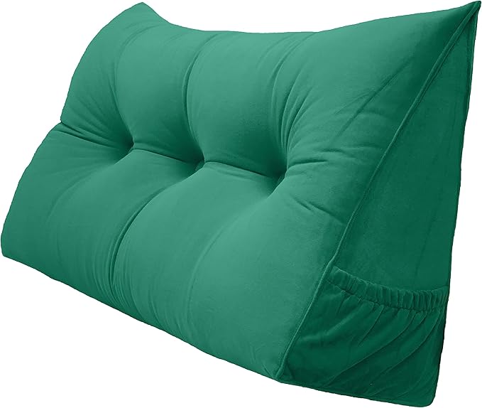 Triangular Reading Bed Rest Pillow Large Bolster Cushion Headboard Backrest Wedge Pillow with Removable Cover and Two Large Side Pockets (Green, 47 x 8 x 20 inches)