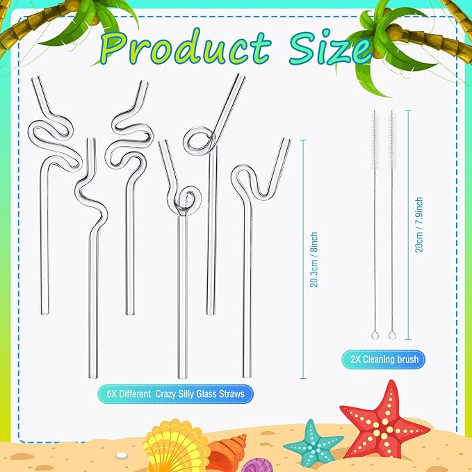 Yinkin 6 Pcs Wavy Glass Straw Reusable Curved Silly Glass Straws Shatter - Image 2