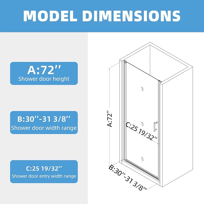 30-31.4" W x 72" H Shower Door, Royal Guard Frameless Pivot Shower Door - Image 9