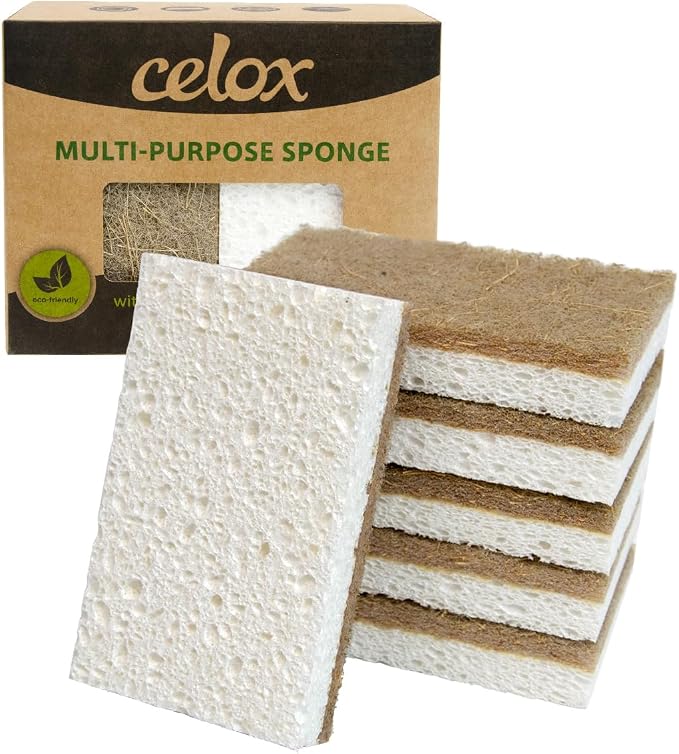 CELOX 6 Pack Coconut Fiber Biodegradable Sponges, Non Scratch Kitchen Cleaning by CELOX