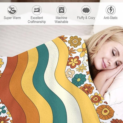 70s Retro Floral Throw Blanket, Boho Groovy Wavy Geometric Hippie Cute Flowers Yellow Orange Abstract Print Blanket for Holiday Theme Home Decor Bedding Couch and Gift 30"x40"