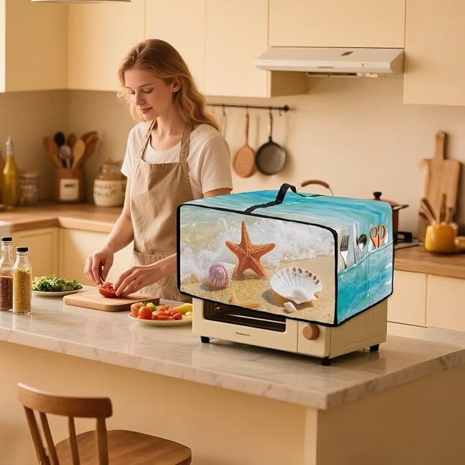 Air Fryer Toaster Oven Dust Cover Countertop Microwave Dust Cover Protector, Compatible with Convection Oven, S, 14.5 x 18.5 x 9 Inches, Beach Starfish Sea Shell