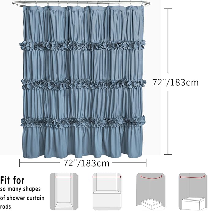 Dusty Blue Ruffle Shower Curtain, Vintage Handcrafted Bow Tie Bath Curtain - Image 6