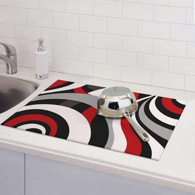 Red Black White and Grey Swirl Microfiber Dish Drying Mats, Absorbent Modern - Image 2