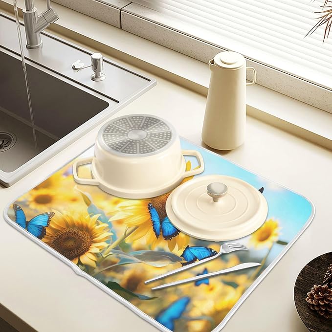 Blooming Sunflowers Blue Butterfly03 Dish Drying Mat - Image 5
