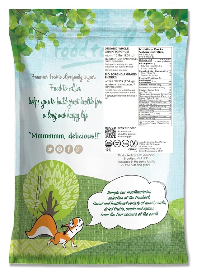 Food to Live Organic Italian White Whole Grain Sorghum, 10 Pounds — Non-GMO - Image 2