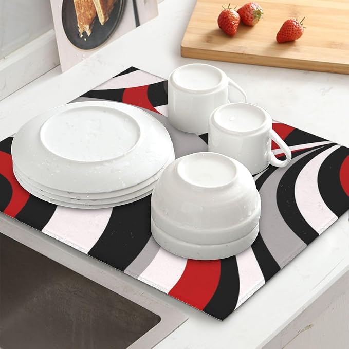 Red Black White and Grey Swirl Microfiber Dish Drying Mats, Absorbent Modern - Image 2