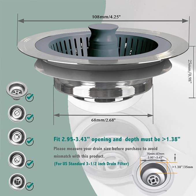 Kitchen Sink Drain Strainer 3 in 1, 304 Stainless Steel Pop Up Sink Stopper - Image 6