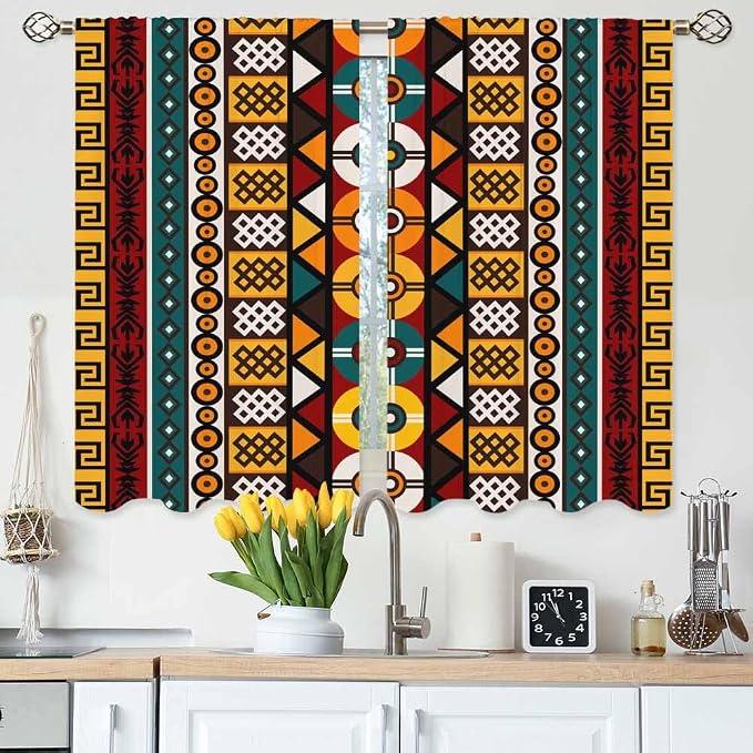 Kente Pattern Kitchen Curtains African Ancient Ethnic Tribal Geometrical Motifs by Unknown