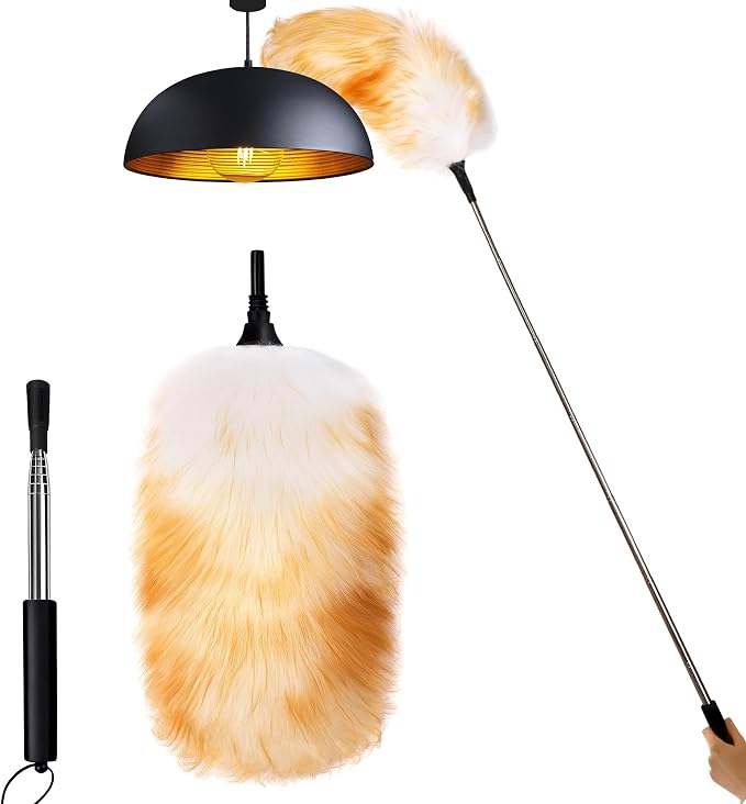 Lambswool Feather Duster with Extension Pole up to 63inch, Extendable Feather by Leories