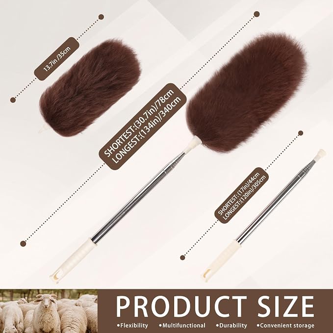 Extendable Lambswool Duster Stainless Steel Handle 133" Removable Feather Duster - Image 2