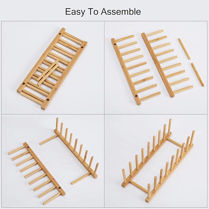 HBlife Bamboo Dish Plate Bowl Cup Book Pot Lid Cutting Board Drying Rack Stand - Image 3