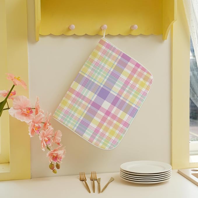 Easter Dish Drying Mat 18 x 24 Inch Spring Pink Yellow Purple Buffalo Plaid - Image 3
