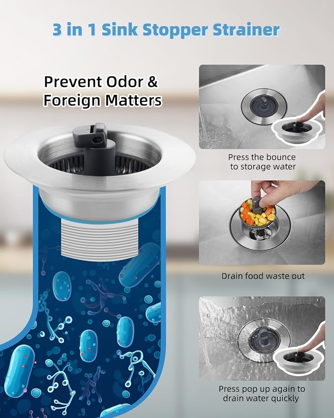 Universal 3 in 1 Kitchen Sink Drain Strainer Stopper Combo, Anti-Clog and Easy - Image 3