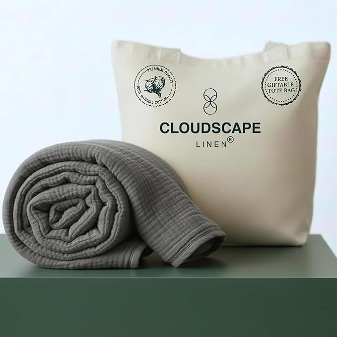 Cloud Scape Linen Extra Large 4 Layer Muslin Throw Blanket - 100% Cotton Gauze, Lightweight & Breathable All Season, Pre-Washed, for Couch & Bed, 50x70, Dark Grey