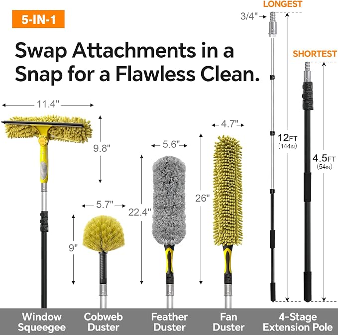 4-12Ft Telescoping Extension Pole Kit, 5-in-1 High Reach Duster - Image 2