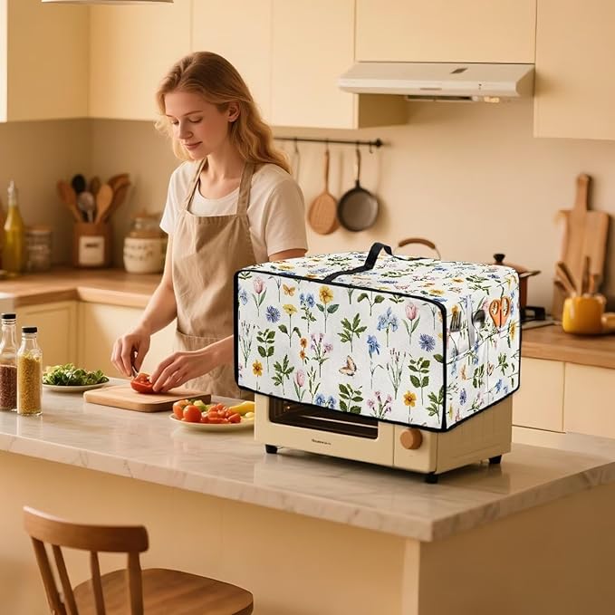 Toaster Oven Dust Cover with Side Pockets, Washable Convection Oven Cover Small Electric Appliance Protector for Kitchen Home Decor, L, Floral Butterfly Cream White
