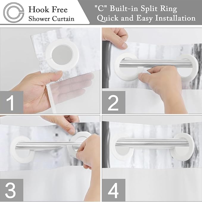 No Hook Shower Curtain with Snap in Liner, Hotel Style Black White Gold Brush - Image 5