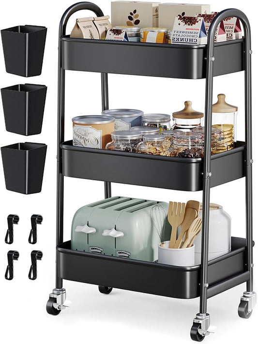 3 Tier Rolling Cart Metal with Wheels, Heavy Duty Three Tiered Rolling Storage by Unknown