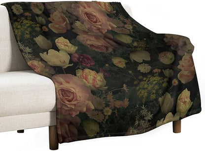 Black Floral Blanket, Rustic Watercolor Botanical Rose Peony Vintage Leaves Plant Boho Gothic Print Throw Blankets for Bed Living Room Bedding Couch Soft Decor, 30"x40"
