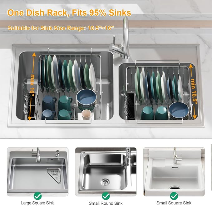 Expandable in Sink Dish Drying Rack, Adjustable Capacity Stainless Steel Over - Image 5