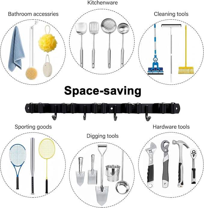 5 Racks and 4 Hooks Mop and Broom Holder Wall Mount, SUS304 Heavy Duty Broom - Image 4