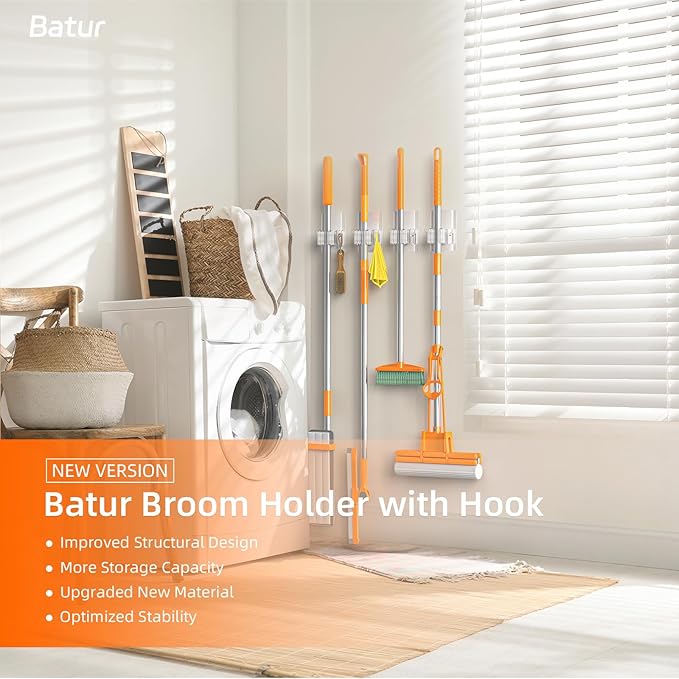 Batur Broom Holder Wall Mount, 4 Pack New Version Adhesive Mop and Broom Holder - Image 2