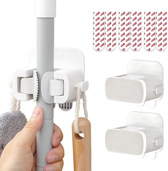 TAILI Mop and Broom Holder Wall Mount Grippers, 3 Hangers and 8 Adhesive Strips by TAILI