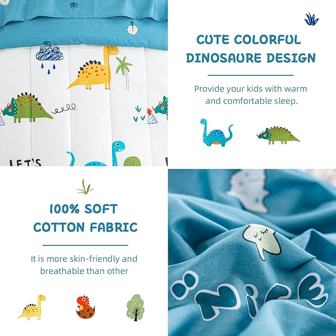 DJY Cotton Toddler Bedding Set for Boys Girls, 4 Pieces Dinosaur Toddler Bed Comforter Set, Includes Quilted Comforter, Flat Sheet, Fitted Sheet and Pillowcase