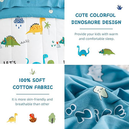 DJY Cotton Toddler Bedding Set for Boys Girls, 4 Pieces Dinosaur Toddler Bed Comforter Set, Includes Quilted Comforter, Flat Sheet, Fitted Sheet and Pillowcase