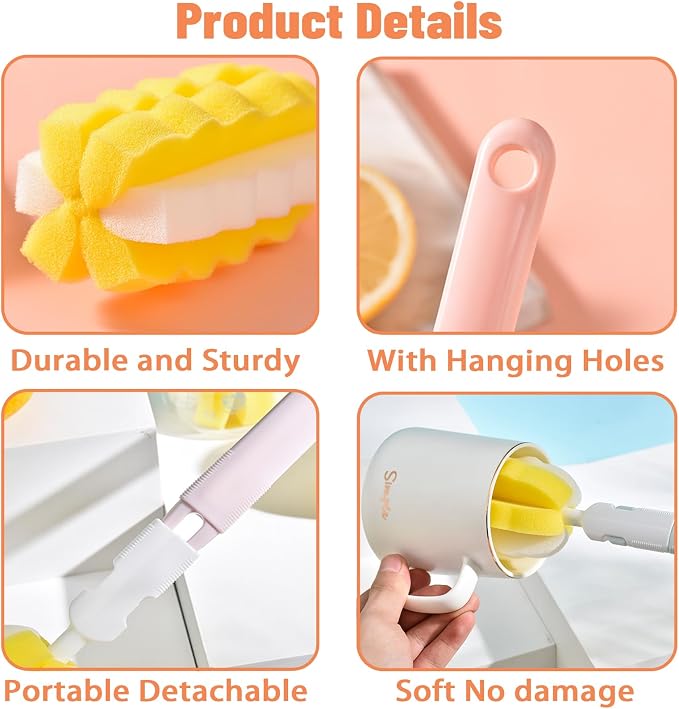 INVODA 4PCS Bottle Brush Long Handle Cup Cleaner Brush Sponge Bottle Scrubber - Image 2