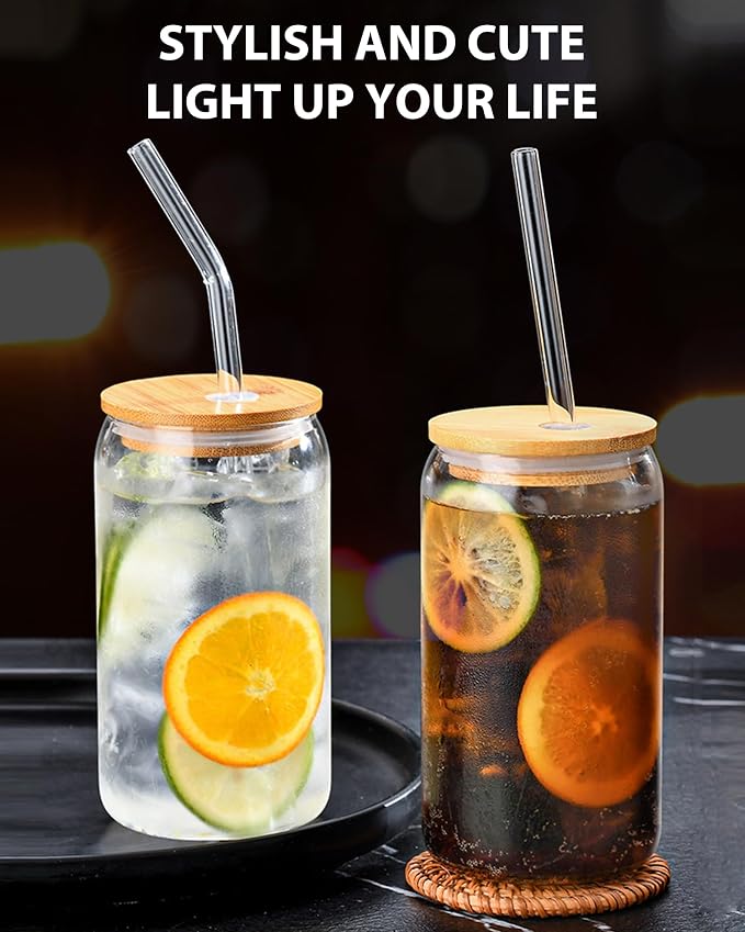 Drinking Glasses with Bamboo Lids and Glass Straw 8PCS Set, 16oz Glass Cups - Image 3