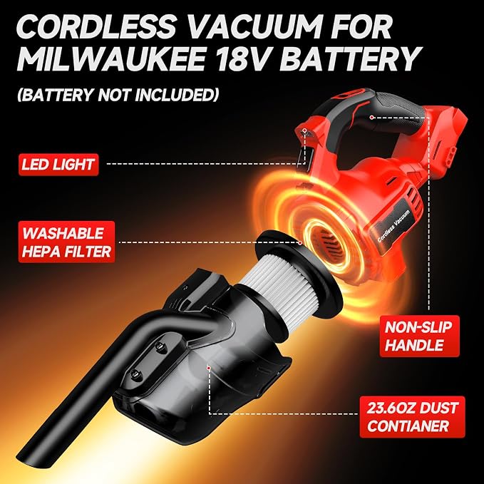 Cordless Vacuum for Milwaukee M18 Battery, Handheld Vacuum Cleaner for Home Pet - Image 3