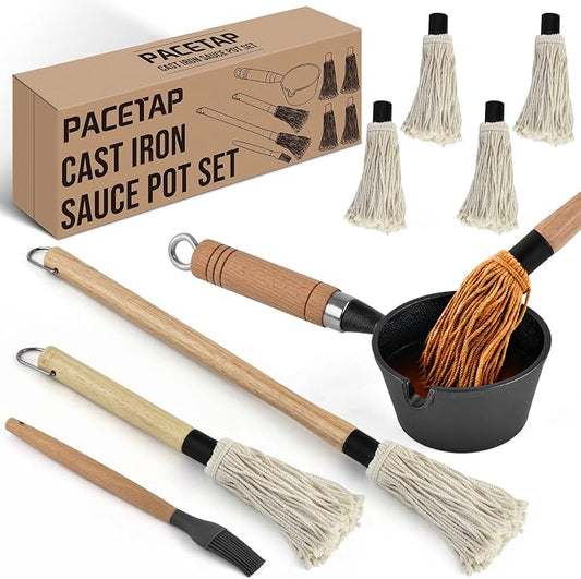 BBQ Mop Brush and Cast Iron Sauce Pot Set, 2 Size Wooden Handle Sauce Mops by PACETAP
