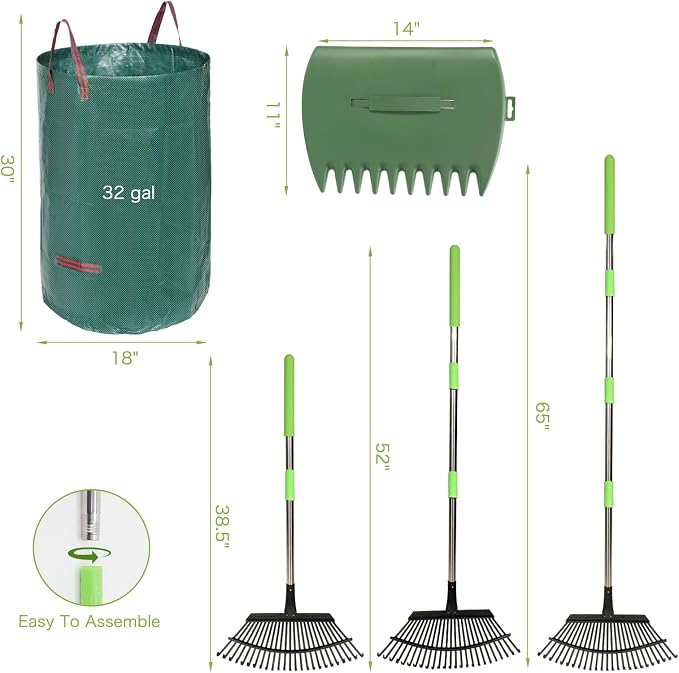 JOYHALO 65 Inch Rake for Leaves, 25 Tines Metal Leaf Rake Set - Image 7