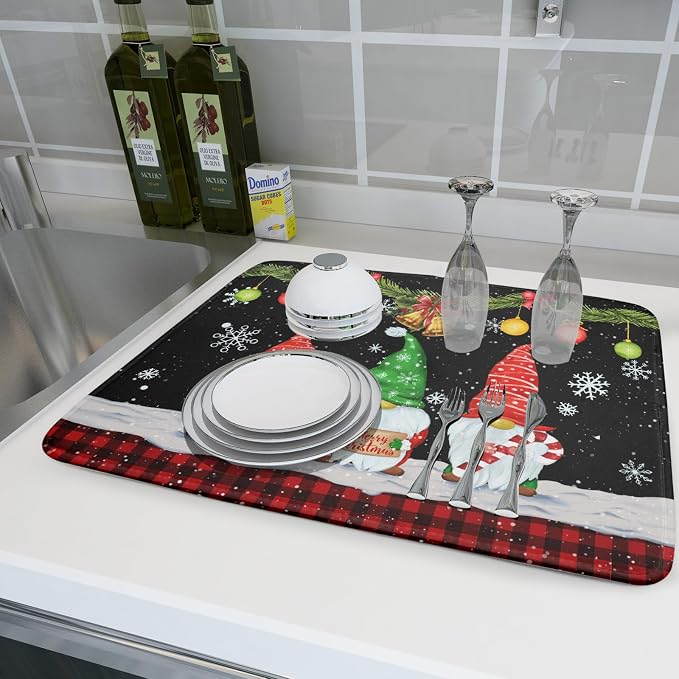Merry Christmas Dish Drying Mat Black Gnomes Dish Drainer Mats 18x24 Inch - Image 6