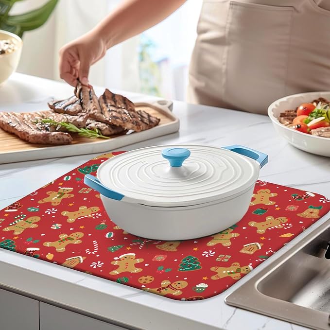 Christmas Kitchen Countertop Dish Drying Mat, Washable Absorbent Countertop - Image 4